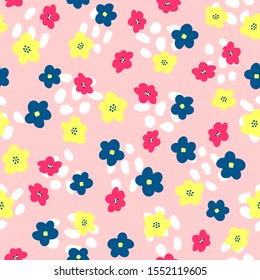 Cute floral seamless pattern. Feminine print with abstract shapes and flowers drawn by hand. Vector illustration.