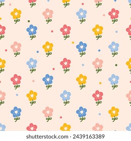 Cute floral seamless pattern with cute flower, heart and polka dot. Vintage flowers illustration. Template for fashion prints.