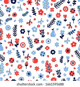 Color floral sin costuras, con flores y bayas. Diseño de estilo escandinavo. Fondo coloreado a mano