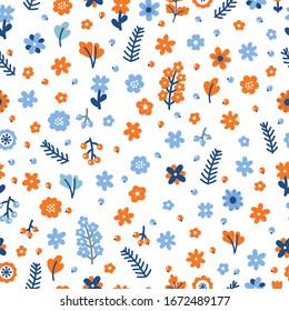 Cute floral seamless pattern with flowers and berries. Colored hand drawn background. Scandinavian style for your design. Vector illustration