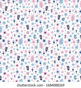 Cute floral seamless pattern with flowers and berries. Scandinavian style design. Colored folk background. Vector illustration