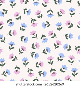 Cute floral seamless pattern with flowers and branches. Wildflower vector illustration in spring or summer. Elegant template for fabric, wallpaper, stationery, wrapping, card, and phone cases.