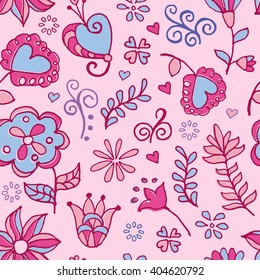 Cute floral seamless pattern  flowers and hearts