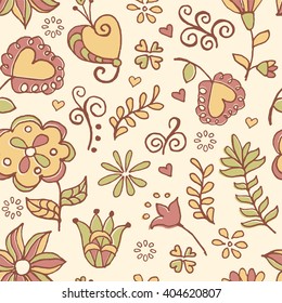 Cute floral seamless pattern  flowers and hearts