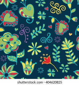 Cute floral seamless pattern  flowers and hearts