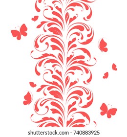 Cute floral seamless pattern. Flowers and butterflies. Ornamental border for ribbons, fabric, wrapping, wallpaper, tape. Decorative design element for background and cover.