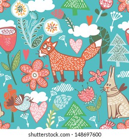 Cute floral seamless pattern with forest animals: fox,rabbit and bird.Seamless pattern can be used for wallpaper,pattern fills,web page background,surface textures.Gorgeous seamless floral background.