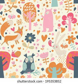 Cute floral seamless pattern with forest animals: bear, fox, owl, rabbit. Vector background with butterflies, snail, trees and flowers.