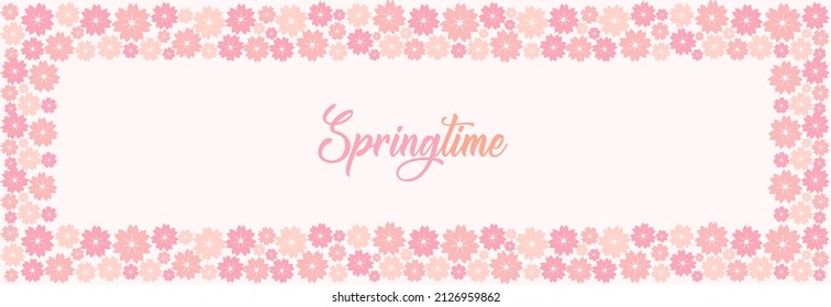 Cute floral seamless pattern frame with sakura, flowers and  lettering. Beautiful background great for wedding cards, advertising, banner, poster, wallpapers. Vector illustration in flat style