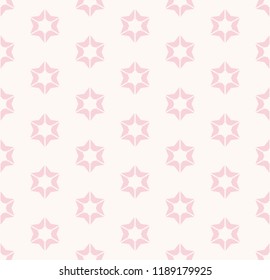 Cute floral seamless pattern for girls in trendy pastel colors, pink and white. Vector abstract geometric seamless background with flowers shapes, stars. Subtle minimal repeat texture. Delicate design