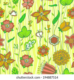 Cute floral seamless pattern in green and pink