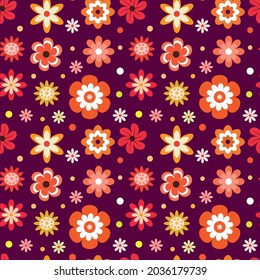 Cute floral seamless pattern in groovy retro style with red, orange yellow, white flowers and dots on dark background. great for textiles, home décor , wrapping paper and fashion print 