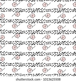 Cute Floral Seamless Pattern with hand drawn doodle flowers and leaves. Delicate romantic background for wallpaper, textile, wrapping paper, invitation cards, nursery, apparel. Vector