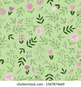 Cute floral seamless pattern with hand drawn flowers and leaves for textile, wallpapers, gift wrap and scrapbook. Green background. Vector illustration.