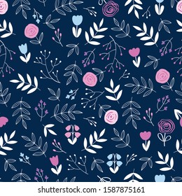 Cute floral seamless pattern with hand drawn flowers and leaves for textile, wallpapers, gift wrap and scrapbook.Dark blue background.  Vector illustration.