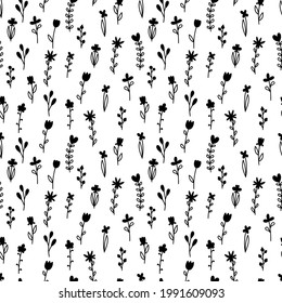 Cute floral seamless pattern. Hand drawn botanical elements. Scandinavian trendy print. Background with flowers. Vector illustration