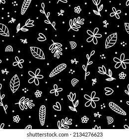 Patrón floral sin costura con elementos dibujados a mano sobre fondo negro. Estilo escandinavo. Flores de perro. Ilustración del vector
