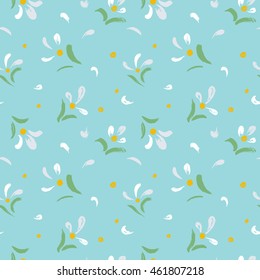 Cute floral seamless pattern; hand drawn flowers; chamomile of brush strokes on blue background