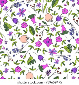 Cute Floral Seamless Pattern with hand drawn doodle flowers and leaves in cartoon style. Childish happy background for wallpaper, textile, wrapping paper, invitation cards, nursery, apparel. Vector