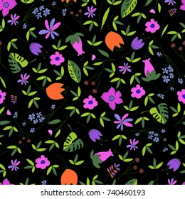 Cute Floral Seamless Pattern with hand drawn doodle flowers and leaves in cartoon style. Childish happy background for wallpaper, textile, wrapping paper, invitation cards, nursery, apparel. Vector