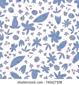 Cute Floral Seamless Pattern with hand drawn doodle flowers and leaves in cartoon style. Fantasy flowers background for wallpaper, textile, wrapping paper, invitation cards, nursery, apparel. Vector