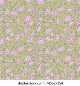 Cute Floral Seamless Pattern with hand drawn doodle flowers and leaves in cartoon style. Fantasy flowers background for wallpaper, textile, wrapping paper, invitation cards, nursery, apparel. Vector