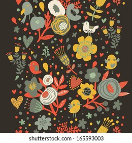 Frische, nahtlose Blumenmuster mit Herzen und Vögeln in stilvollen Farben. Nahtlose Muster können für Bildschirmhintergründe, Musterfüllungen, Webseiten-Hintergründe, Oberflächentexturen verwendet werden.