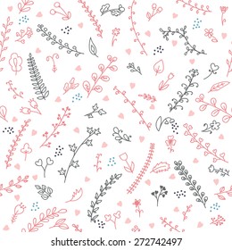 Cute floral seamless pattern with hearts. Vector illustration