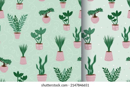 Cute floral seamless pattern. Home plants in pots with ornaments. Endless background for linen, fabric, wallpaper, wrapping paper.