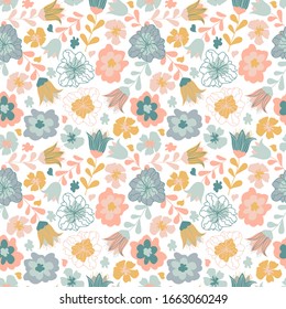 Cute floral seamless pattern for kids, vector. Creative flower texture. Great for fabric, textile, surface decoration and more