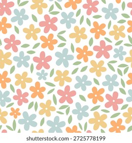 Cute floral seamless pattern with leaves for textile prints, wallpaper, stationery, wrapping paper, kids apparel, scrapbooking, backgrounds, etc. EPS 10