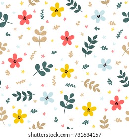 Cute floral seamless pattern with leaves, branches and flowers. Spring background. Elegant template for fashion prints. Vector illustration