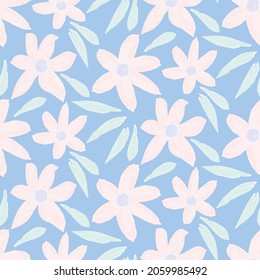cute floral seamless pattern, light pink blossom and green leaves