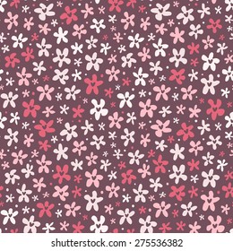Cute floral seamless pattern with little bright pink flowers on purple background