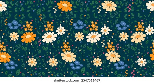 Lindo patrón floral sin fisuras con flores de caléndula. Fondo con plantas de dibujos animados, prado vintage. botánicos modernos. Perfecto para impresión, moda, cubiertas, cuadernos