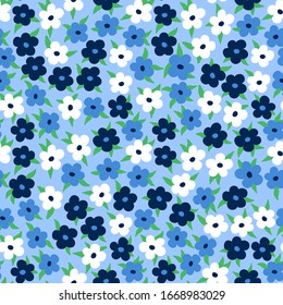 Diseño floral sin fisuras. Diseño moderno y distendido con flores blancas y azules simples y hojas verdes. Impresión de moda con motivos primaverales. Vector. 