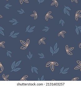 Cute floral seamless pattern with navy color in doodles hand drawn style. Trendy small flower and leaves vector background for feminine print, textile, fashion, wallpaper, wrap gift, fabric