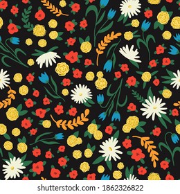 Cute floral seamless pattern on black background. Retro style endless design with little roses, bell-flowers, chamomiles, poppies for textile, fabric, cloth, covering and other print and design.