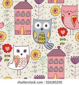 Cute floral seamless pattern with owl and flowers