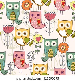 Cute floral seamless pattern with owl and flowers