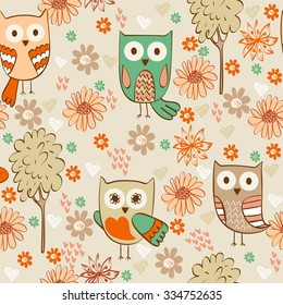 Cute floral seamless pattern with owl and flowers