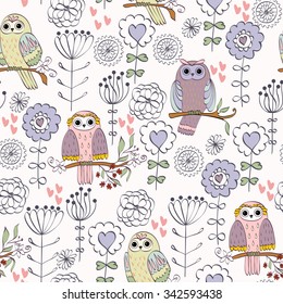 Cute floral seamless pattern with owl and flowers