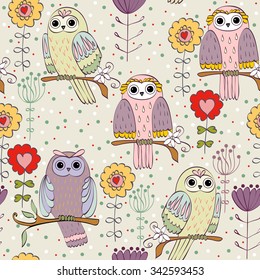 Cute floral seamless pattern with owl and flowers