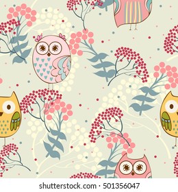 Cute floral seamless pattern with owl and rowan