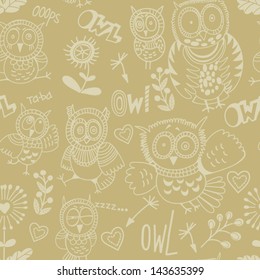 Cute  floral seamless pattern with owls.