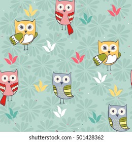 Cute floral seamless pattern with owls