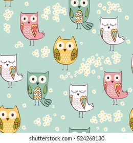 Cute floral seamless pattern and owls