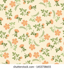 Cute floral seamless pattern. Pach flowers and green leaves on light background 