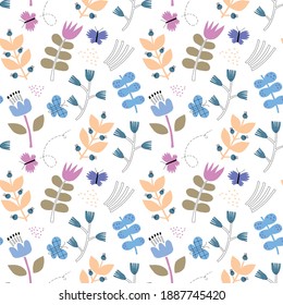 Frische, nahtlose Muster in Pastellfarben. Frühlingshintergrund mit abstrakten Blumen und Schmetterlingen für Designs.