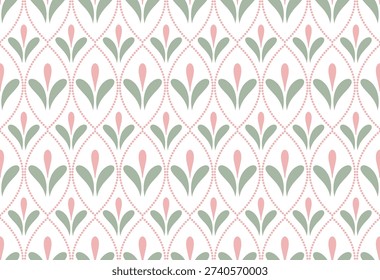 Cute floral Seamless pattern. Pastel background with stylized tulip in a vertical ogee or trellis grid for children’s room decor, kitchen towels, or delicate gift wrapping. Cottagecore style backdrop.